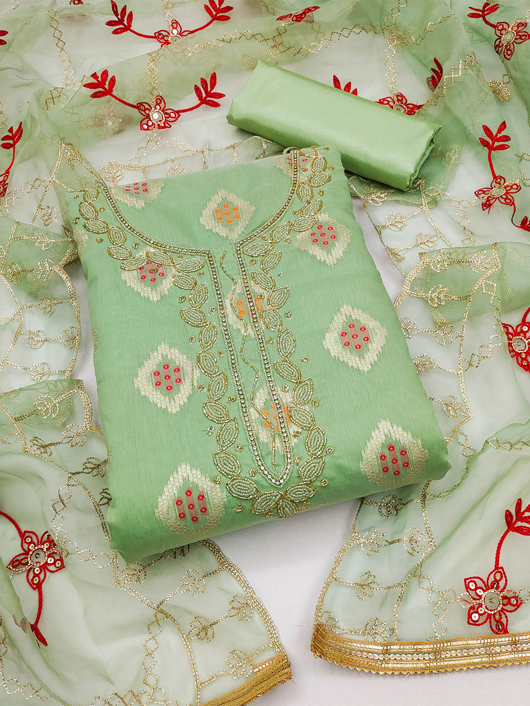 

SHADOW & SAINING Ethnic Motifs Printd Beads & Stones Unstitched Dress Material, Sea green
