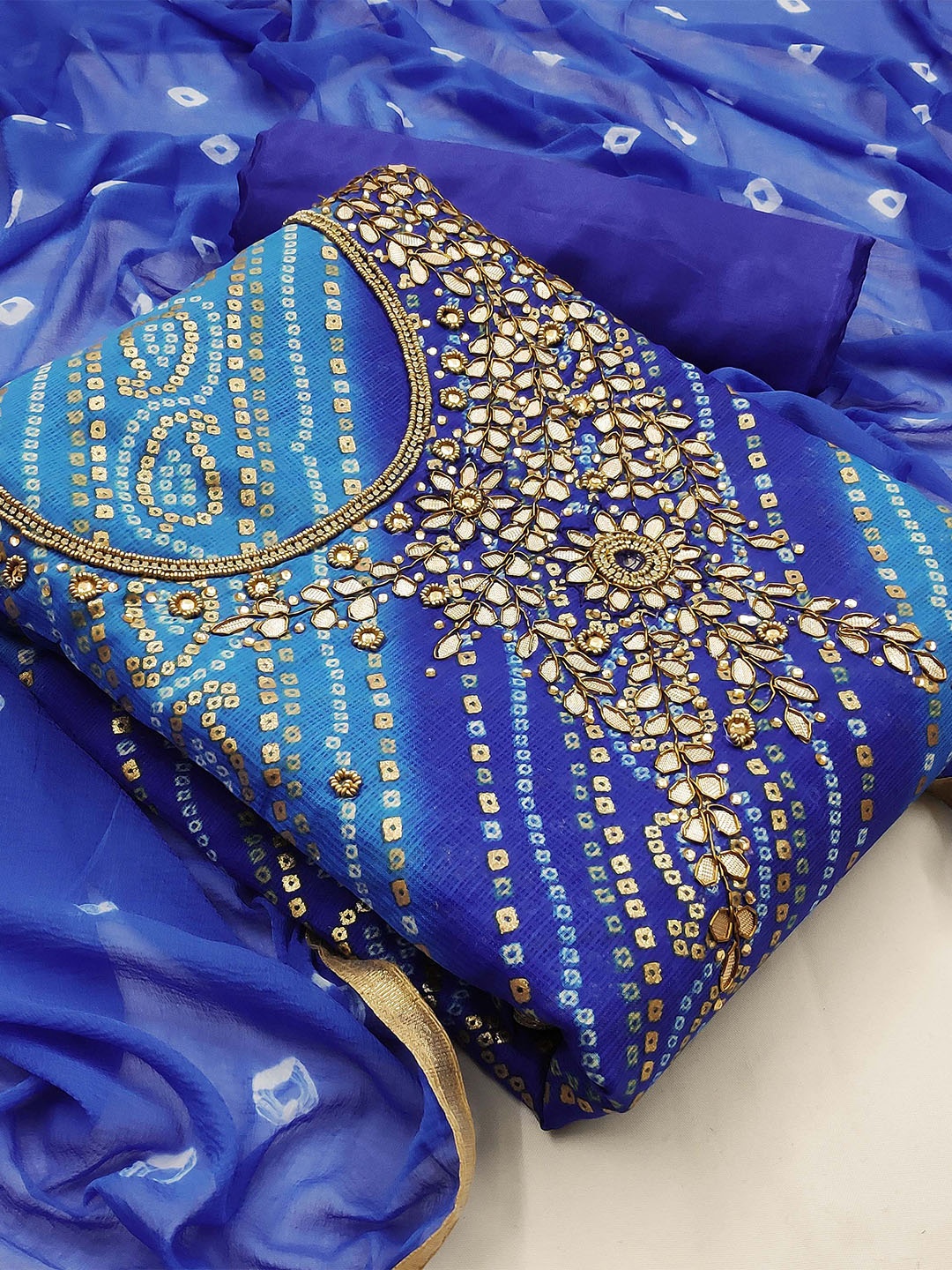 

SHADOW & SAINING Bandhani Printed Beads & Stones Unstitched Dress Material, Blue
