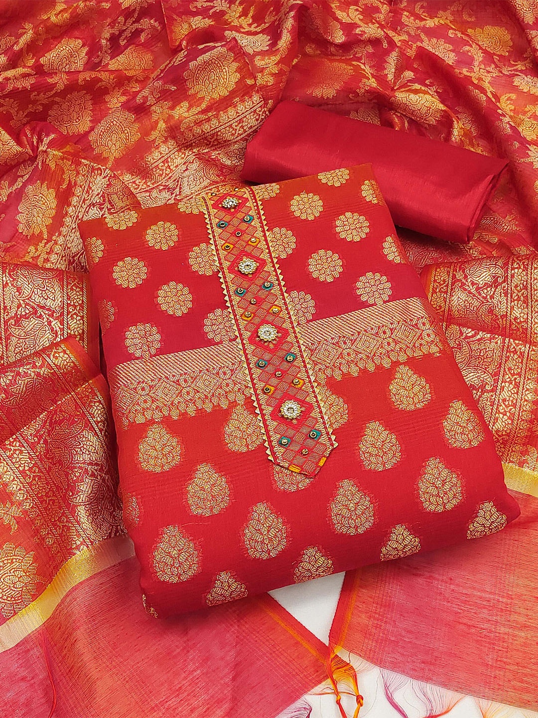 

SHADOW & SAINING Banarasi Woven Design Unstitched Dress Material, Red
