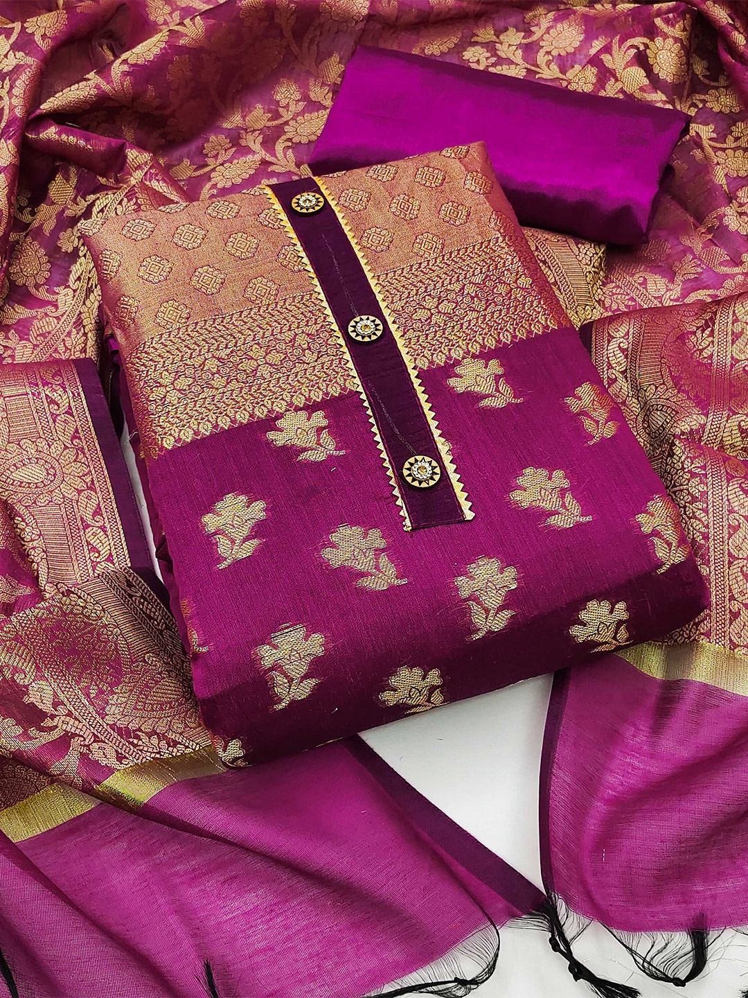 

SHADOW & SAINING Floral Woven Design Unstitched Dress Material, Magenta