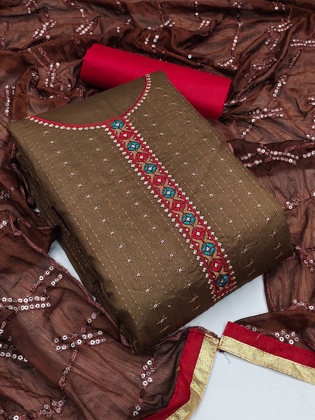 

SHADOW & SAINING Ethnic Motif Embroidered Sequinned Unstitched Dress Material, Brown