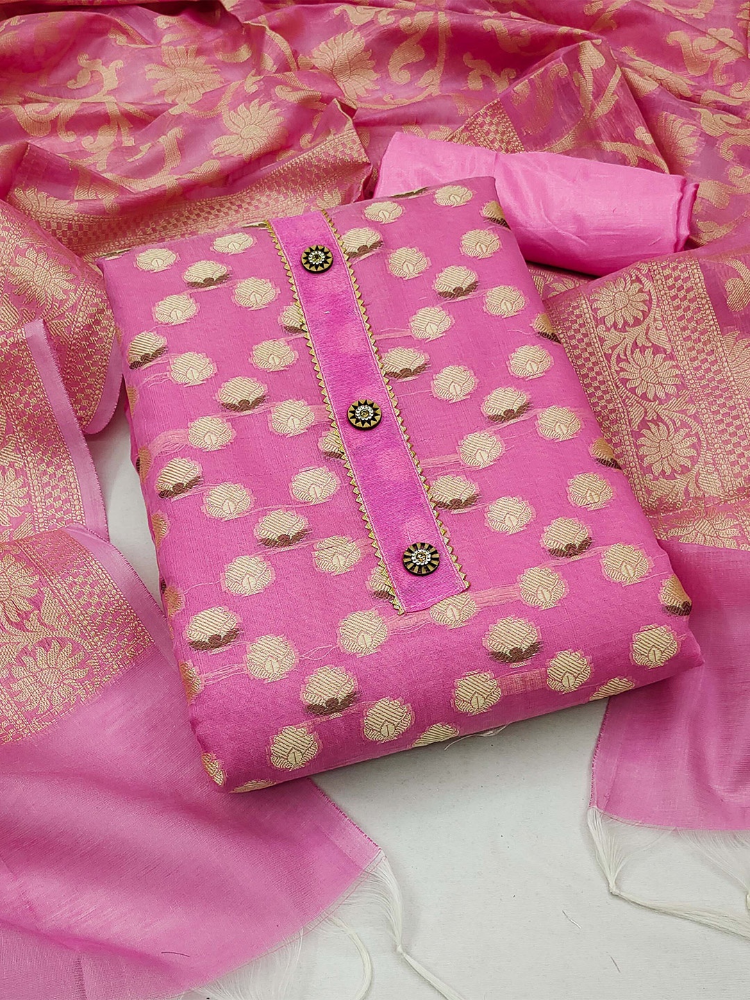 

SHADOW & SAINING Ethnic Motifs Woven Design Unstitched Dress Material, Pink