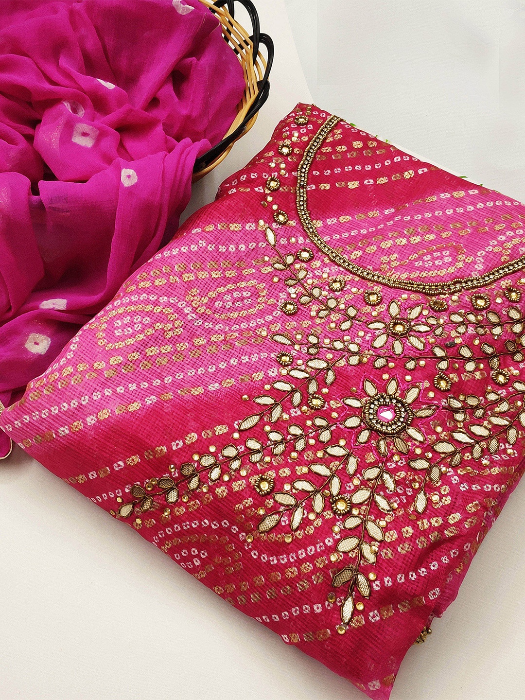 

SHADOW & SAINING Bandhani Printed Beads & Stones Unstitched Dress Material, Multi