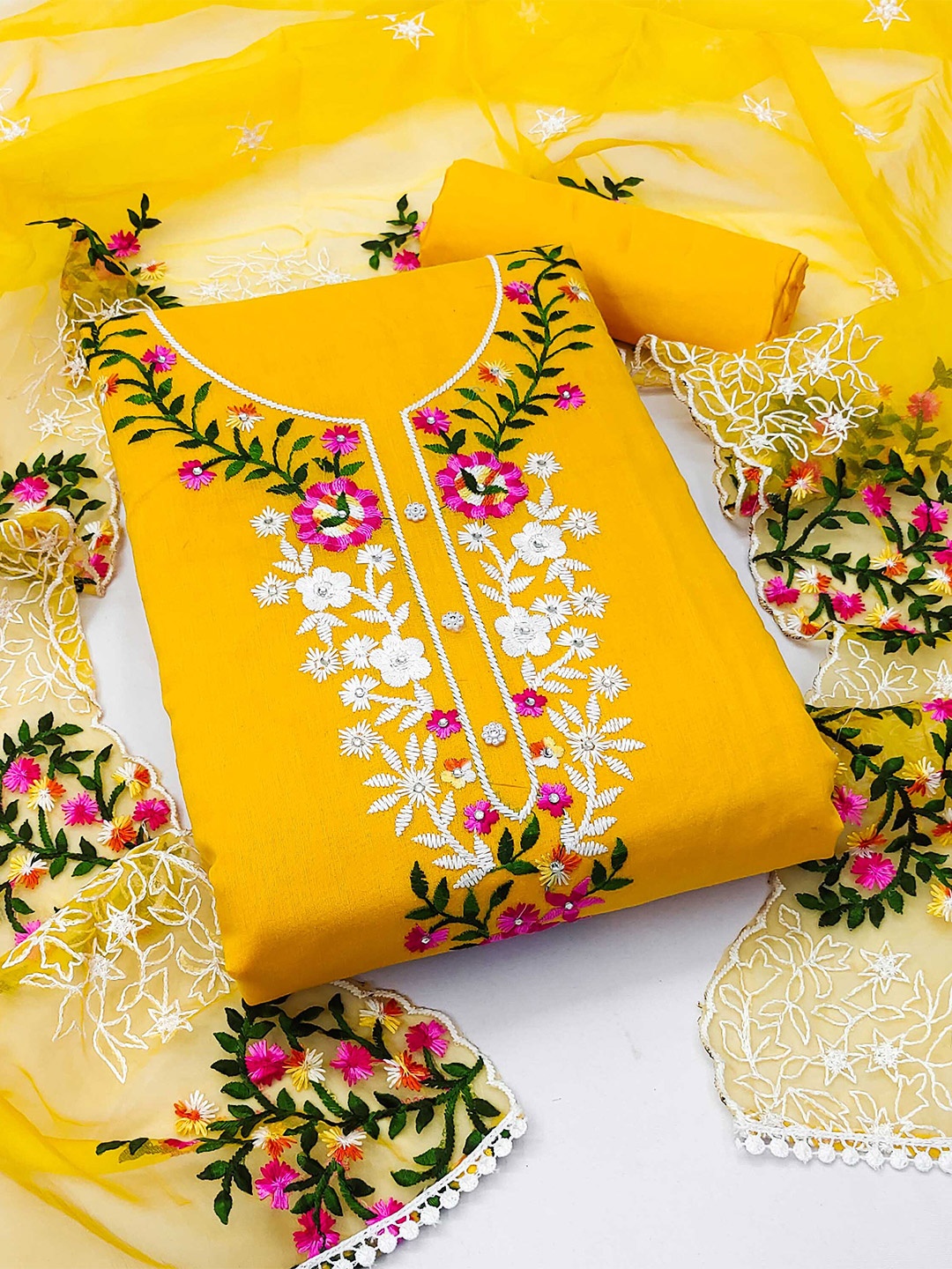 

SHADOW & SAINING Floral Embroidered Unstitched Dress Material, Yellow