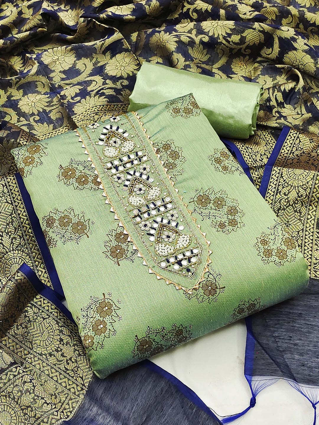 

SHADOW & SAINING Ethnic Motifs Printed Beads and Stones Unstitched Dress Material, Sea green