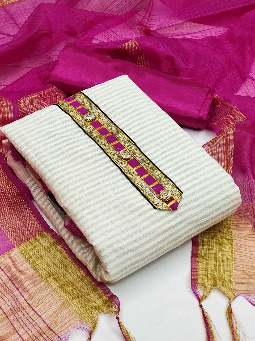 

SHADOW & SAINING Striped Banarasi Jacquard Unstitched Dress Material, White