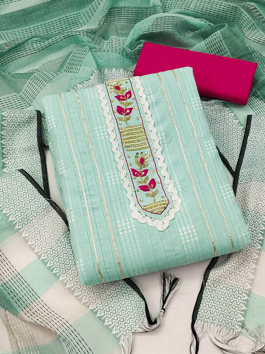 

SHADOW & SAINING Striped Embellished Unstitched Dress Material, Sea green