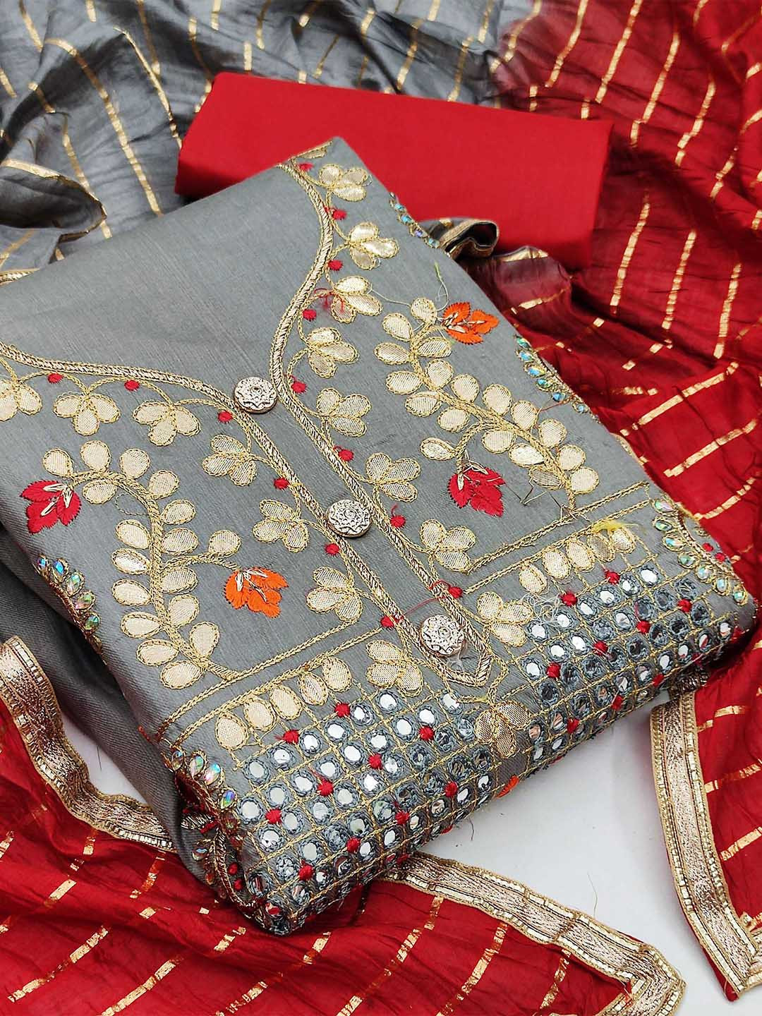 

SHADOW & SAINING Floral Embroidered Mirror Work Unstitched Dress Material, Grey