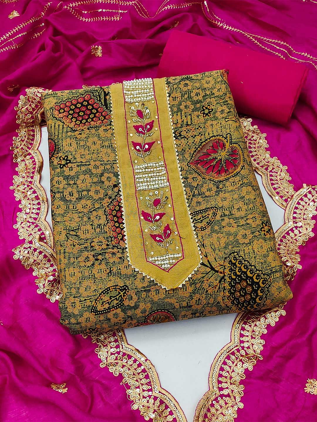 

SHADOW & SAINING Printed Gotta Patti Pure Cotton Unstitched Dress Material, Gold