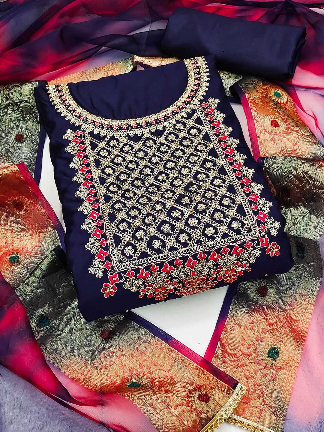 

SHADOW & SAINING Embroidered Unstitched Dress Material, Navy blue