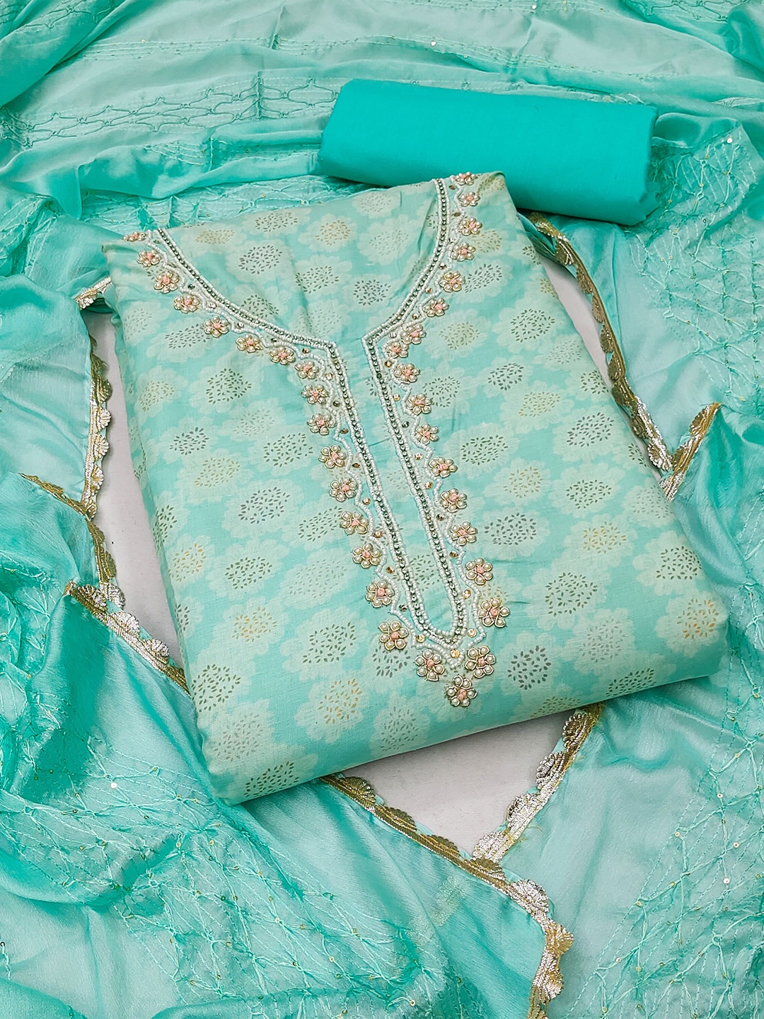 

SHADOW & SAINING Embroidered Pure Cotton Unstitched Dress Material, Sea green