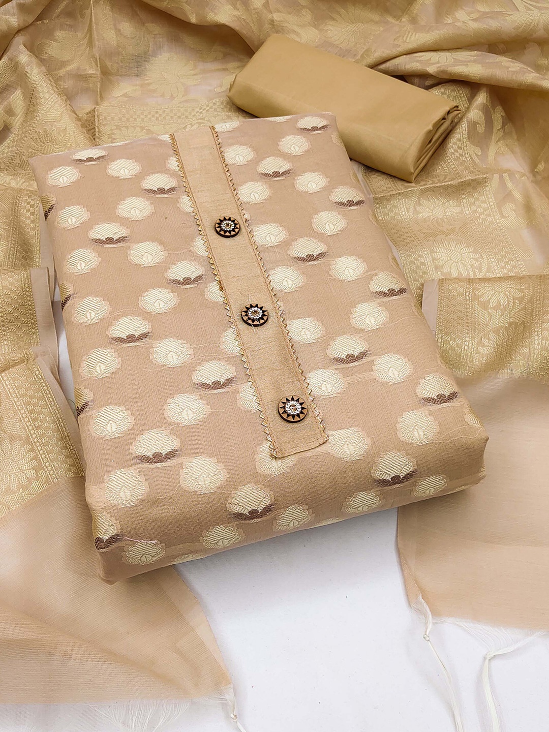 

SHADOW & SAINING Woven Design Unstitched Dress Material, Beige