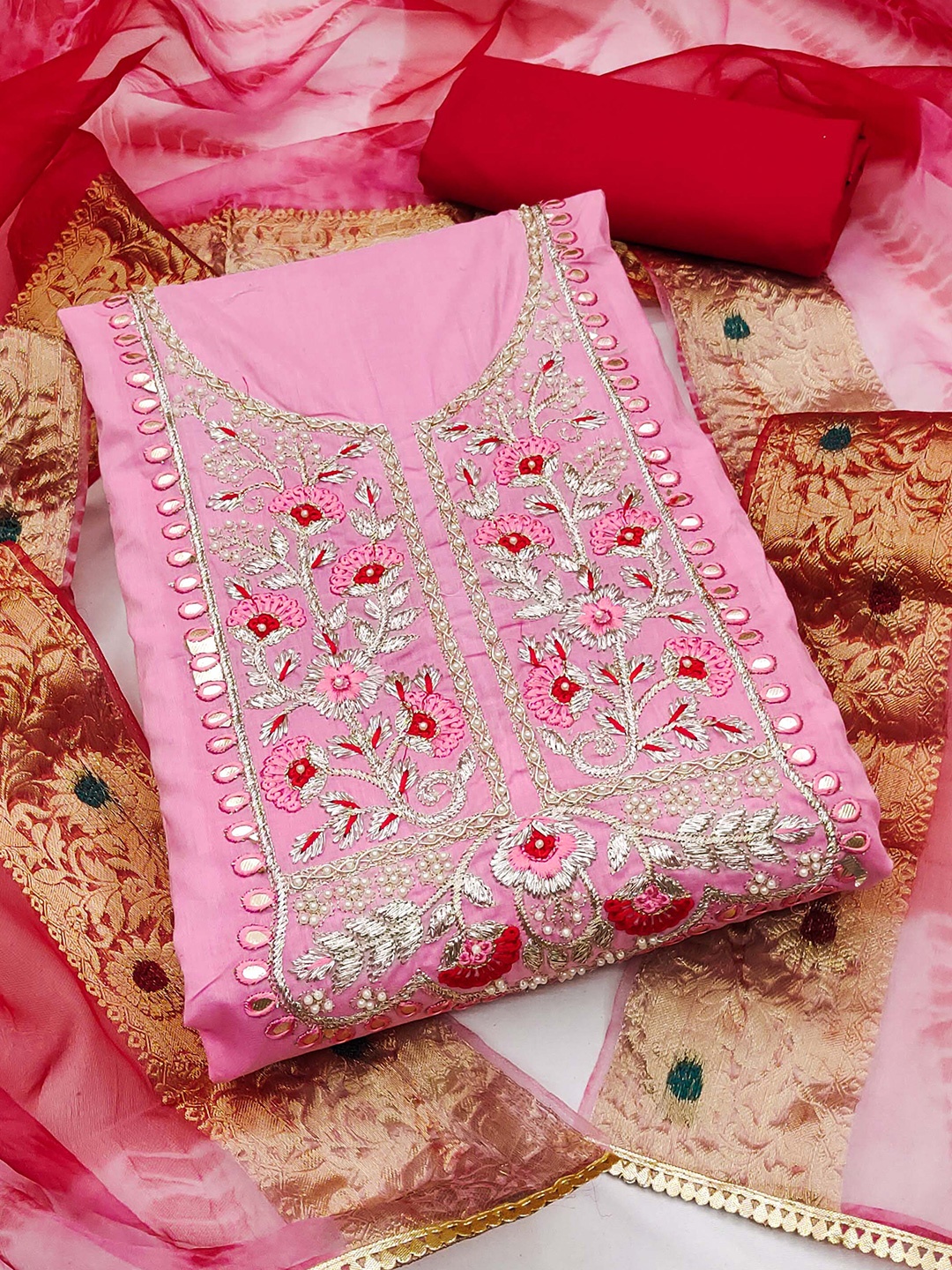 

SHADOW & SAINING Floral Embroidered Mirror Work Unstitched Dress Material, Pink