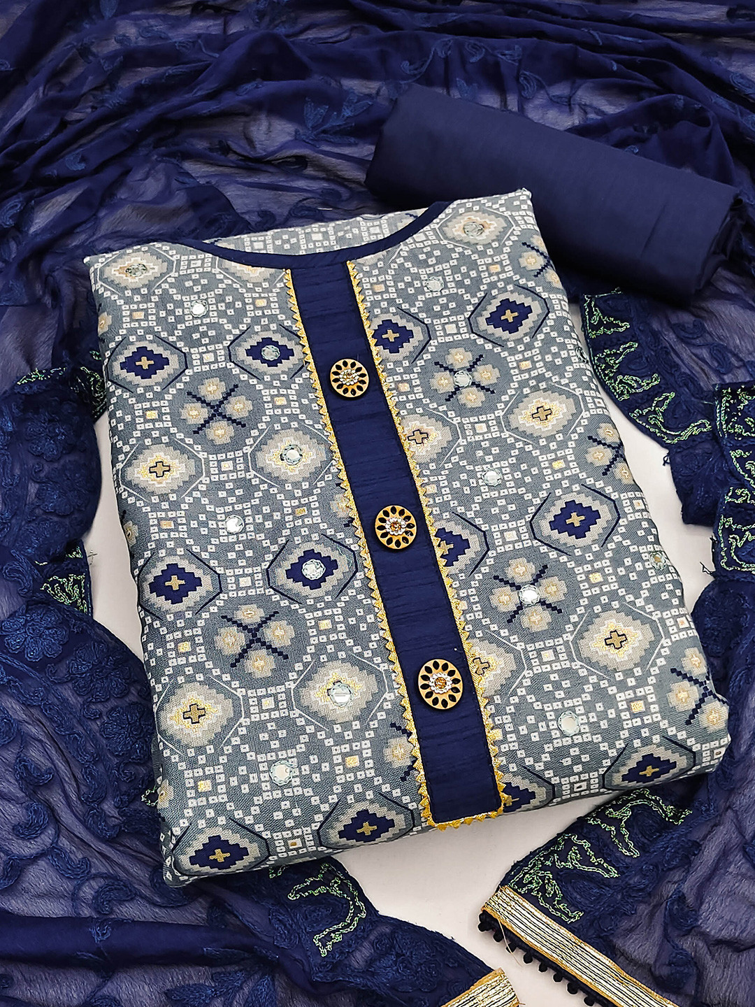 

SHADOW & SAINING Bandhani Embroidered Unstitched Dress Material, Grey