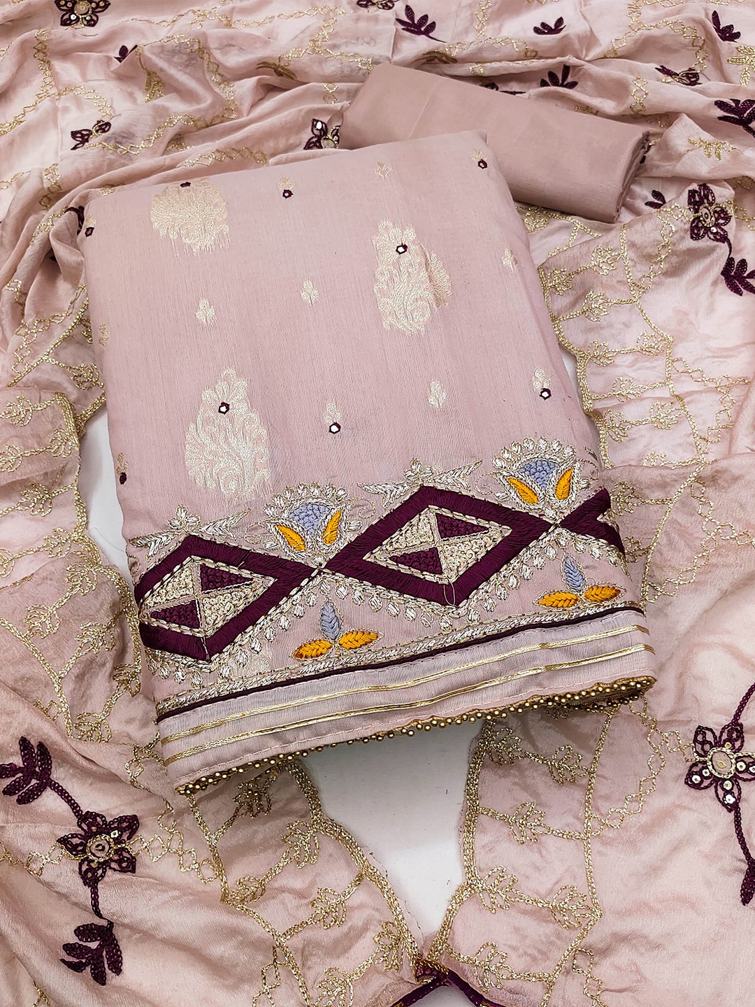 

SHADOW & SAINING Ethnic Motif Woven Design Banarasi Jacquard Unstitched Dress Material, Grey