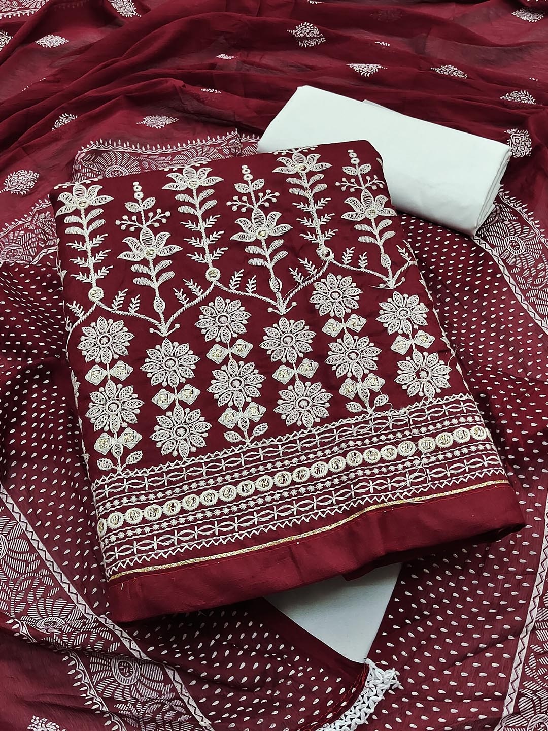 

SHADOW & SAINING Floral Embroidered Pure Cotton Unstitched Dress Material, Maroon