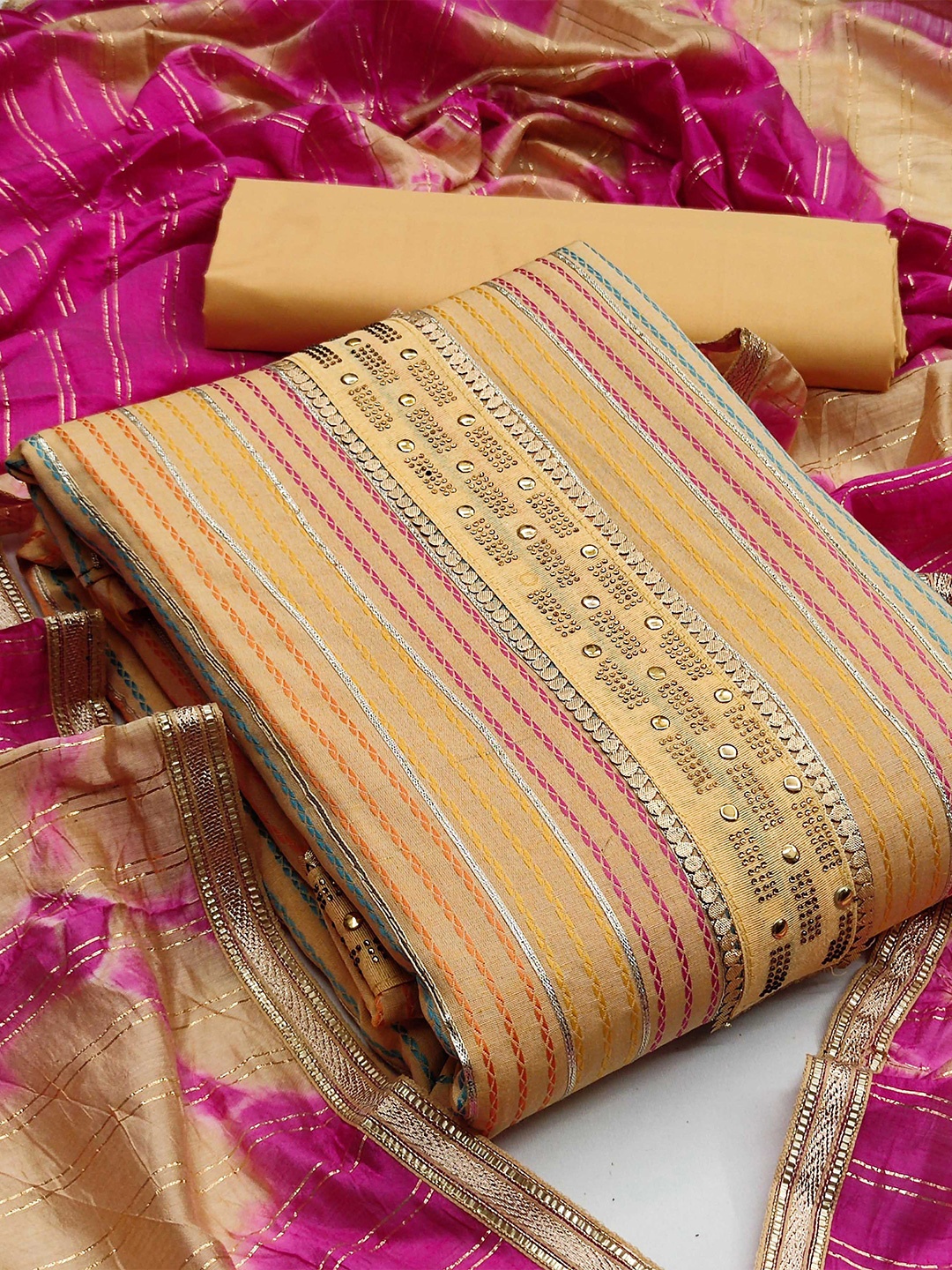 

SHADOW & SAINING Ethnic Motifs Embellished Unstitched Dress Material, Beige