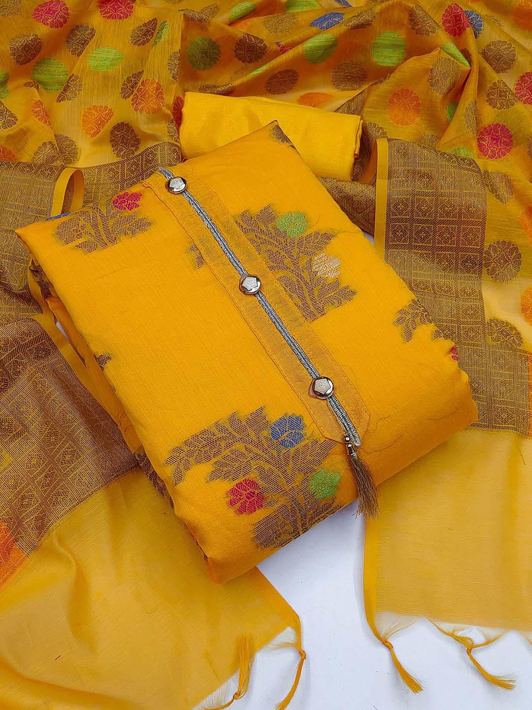 

SHADOW & SAINING Floral Woven Design Unstitched Dress Material, Yellow