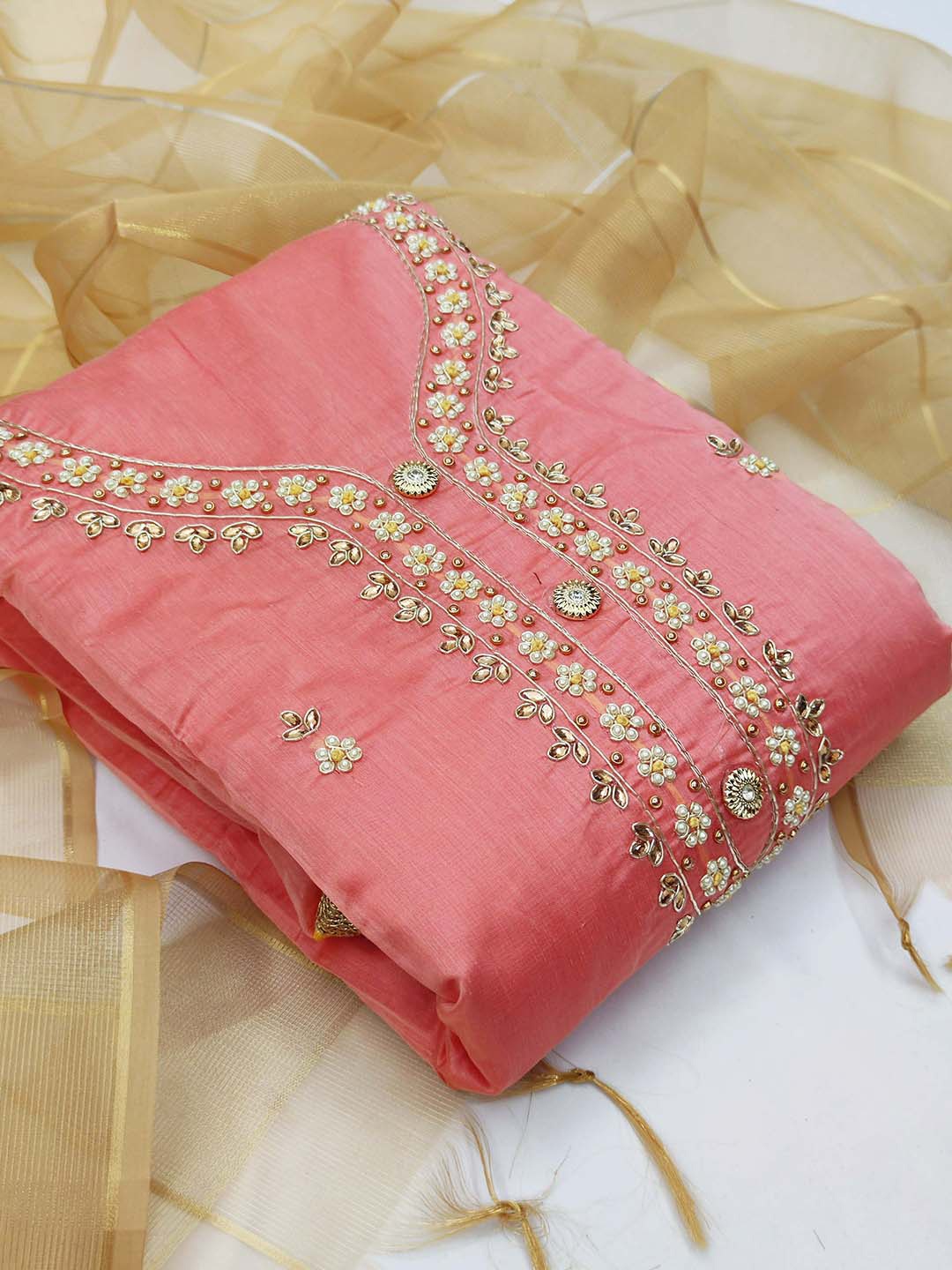 

SHADOW & SAINING Beads & Stones Embellished Unstitched Dress Material, Pink