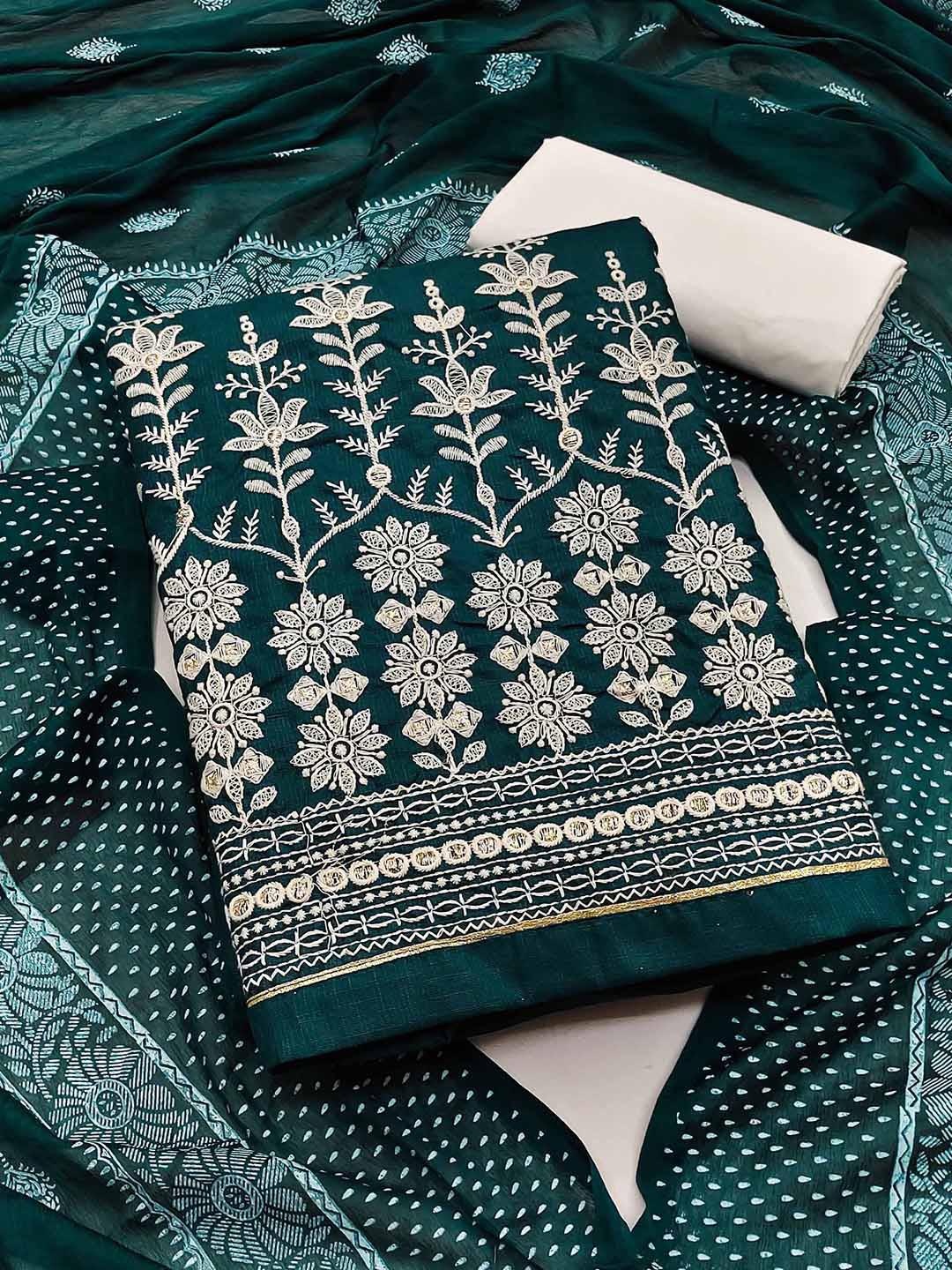 

SHADOW & SAINING Floral Embroidered Pure Cotton Unstitched Dress Material, Green