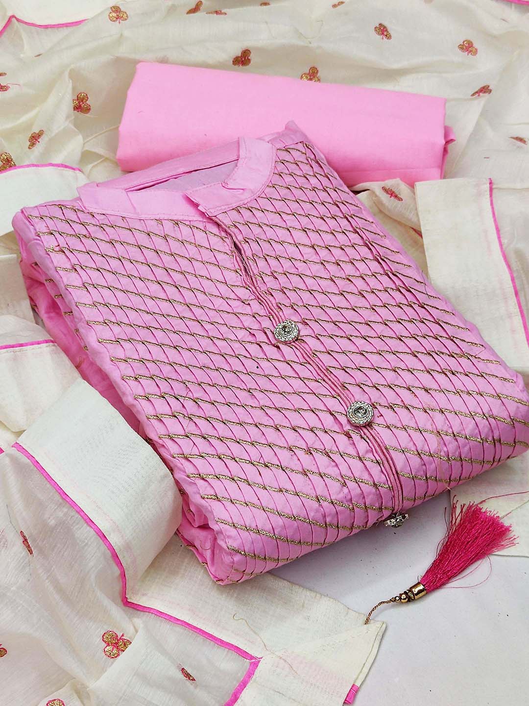 

SHADOW & SAINING Geometric Embroidered Zari Unstitched Dress Material, Pink