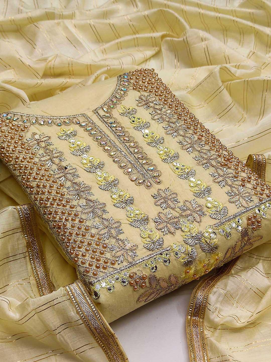 

SHADOW & SAINING Embellished Unstitched Dress Material, Beige