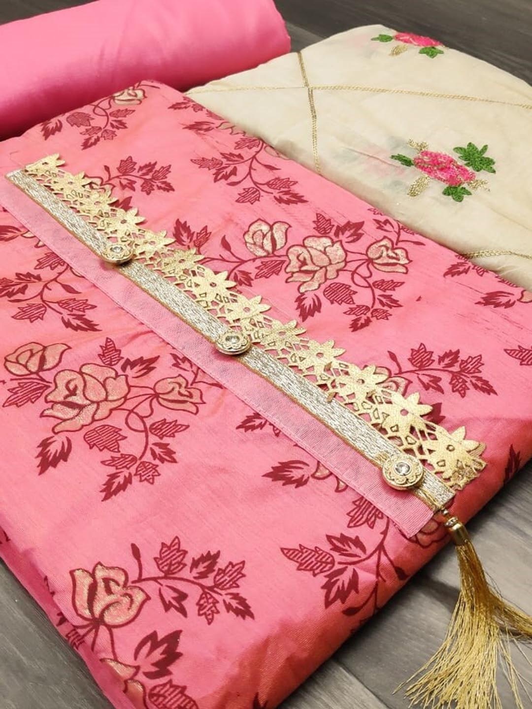 

SHADOW & SAINING Floral Printed Gotta Patti Unstitched Dress Material, Pink