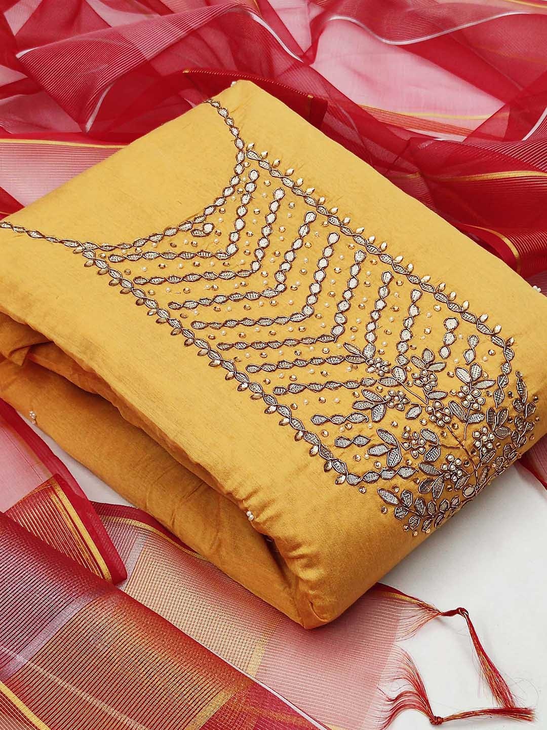 

SHADOW & SAINING Embellished Beads and Stones Unstitched Dress Material, Yellow