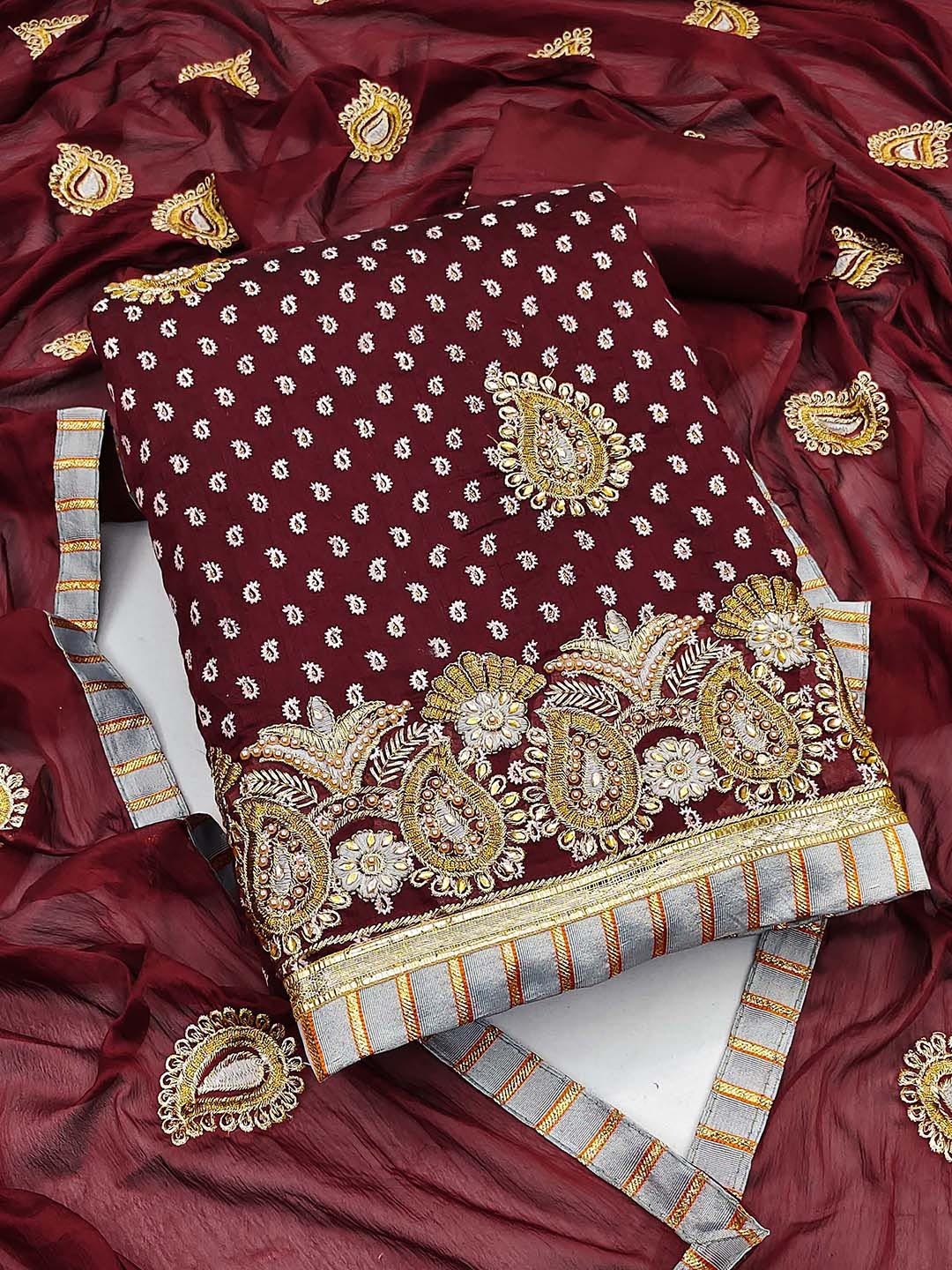 

SHADOW & SAINING Paisley Embroidered Sequined Unstitched Dress Material, Brown
