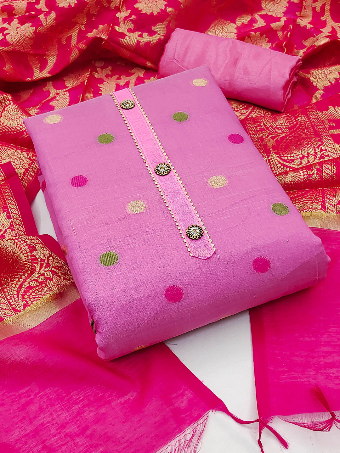 

SHADOW & SAINING Ethnic Motifs Woven Design Unstitched Dress Material, Pink