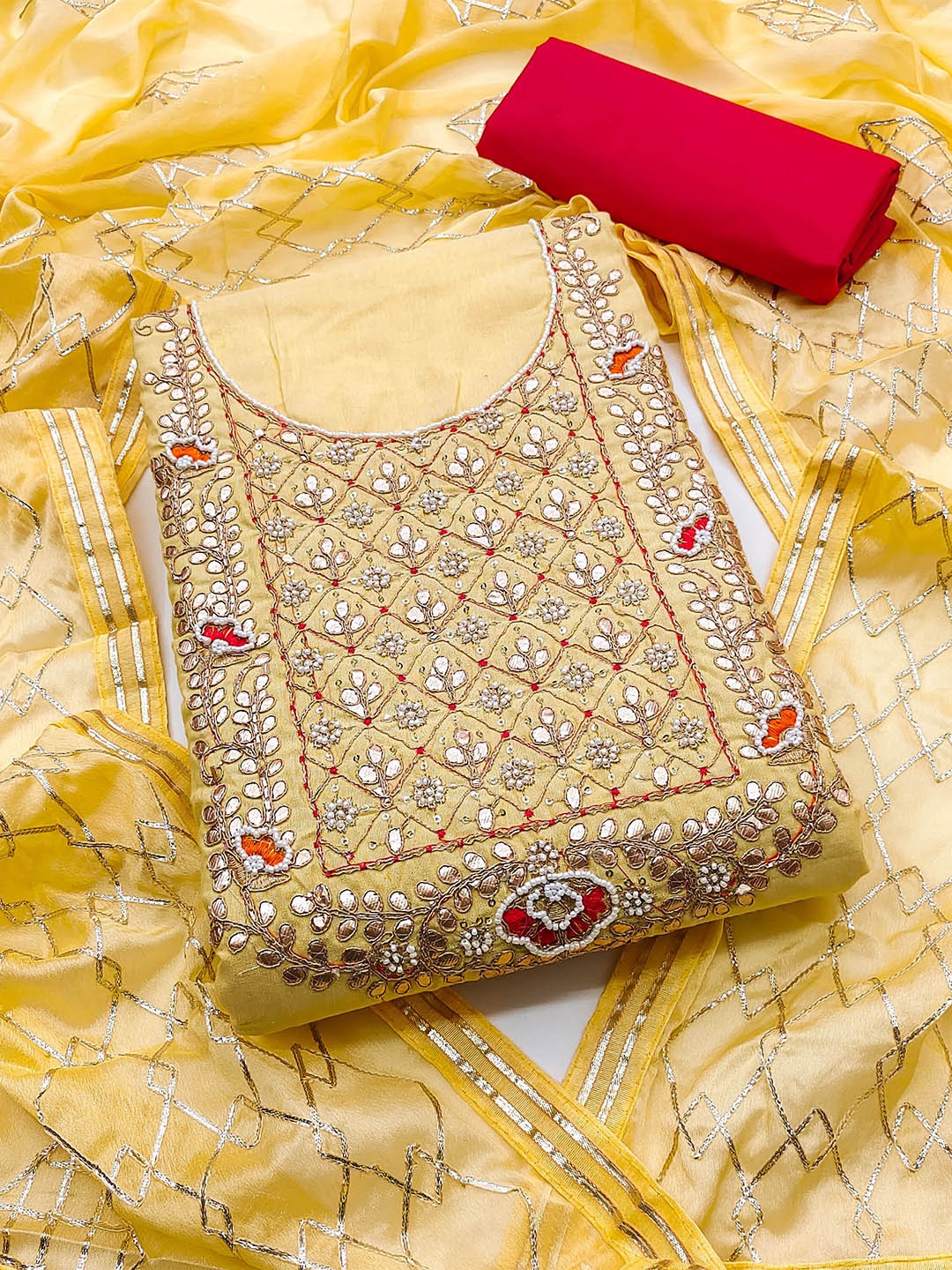 

SHADOW & SAINING Embellished Beads and Stones Unstitched Dress Material, Yellow