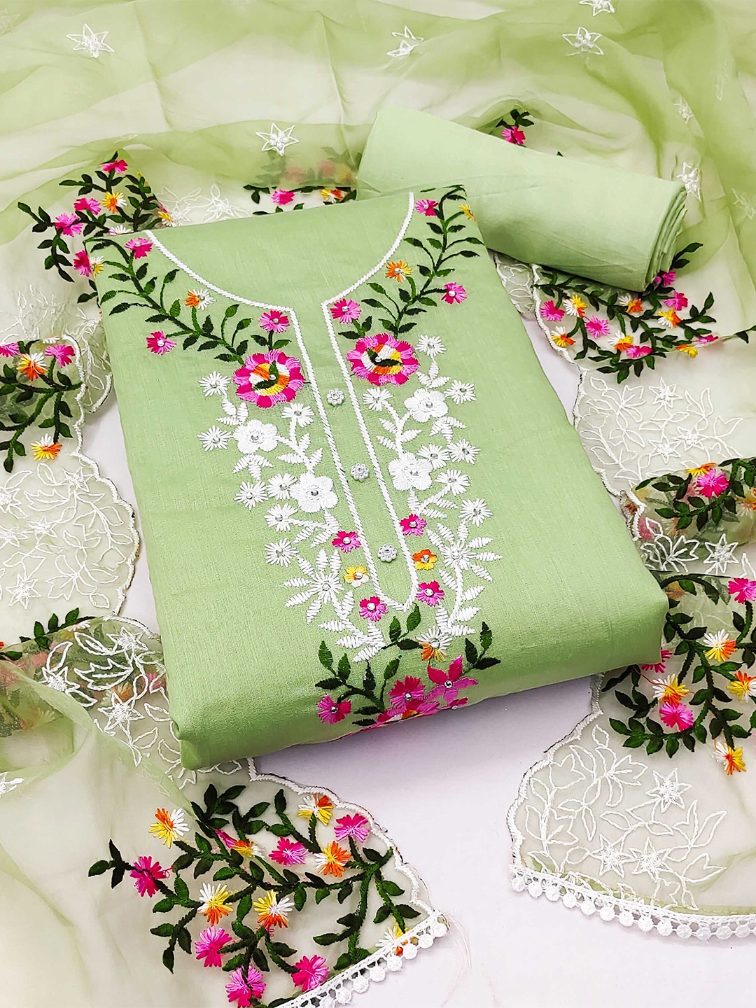

SHADOW & SAINING Floral Embroidered Unstitched Dress Material, Green