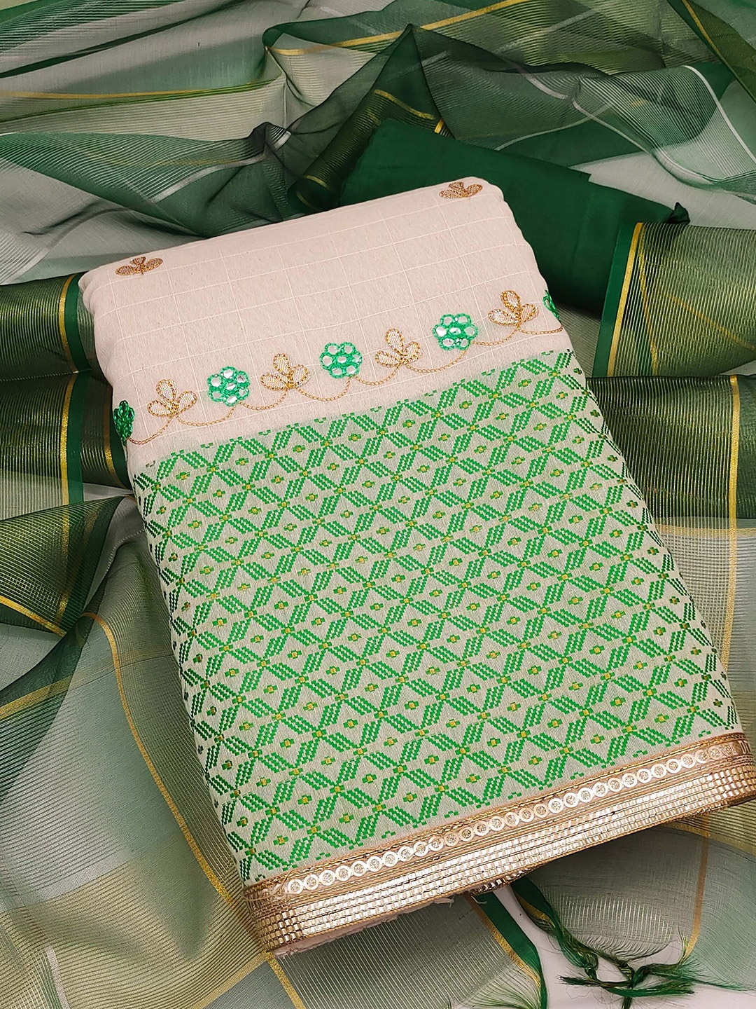 

SHADOW & SAINING Ethnic Motifs Woven Design Unstitched Dress Material, White