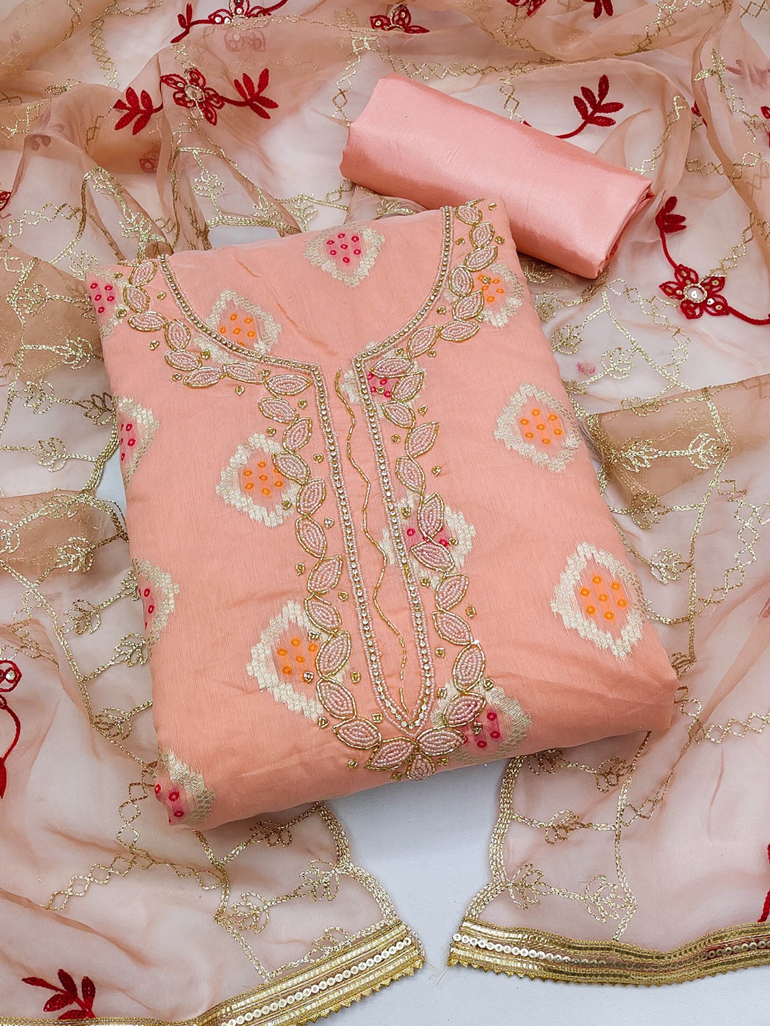 

SHADOW & SAINING Woven Design Unstitched Dress Material, Peach