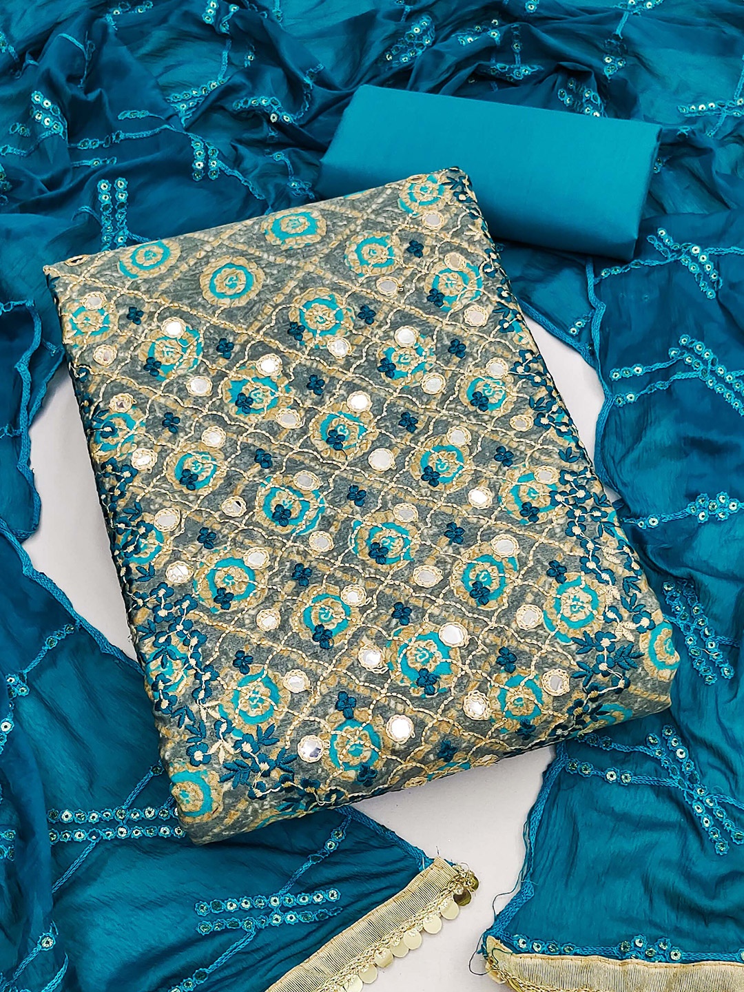 

SHADOW & SAINING Floral Printed Thread Work Unstitched Dress Material, Blue