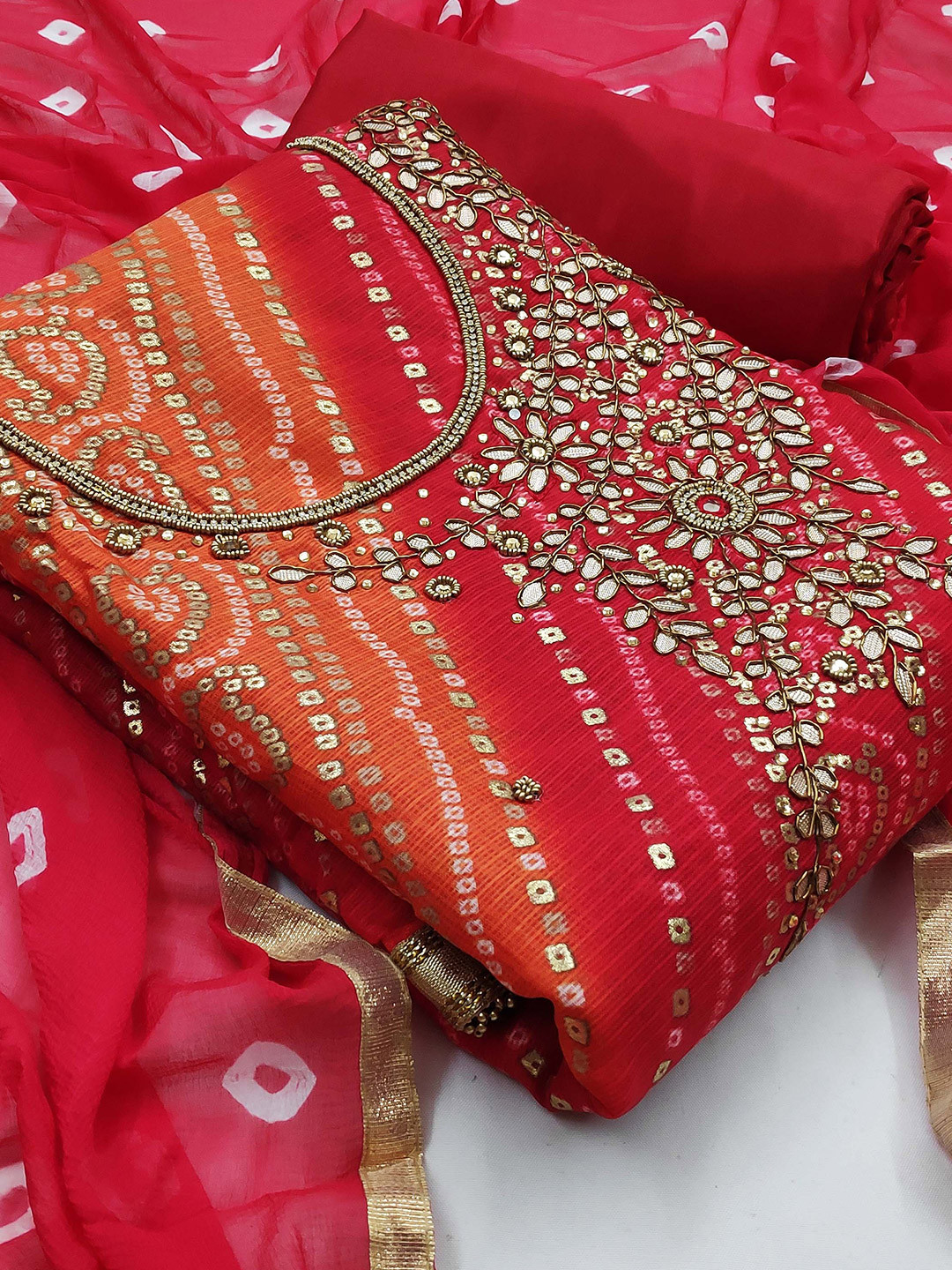 

SHADOW & SAINING Bandhani Printed Unstitched Dress Material, Pink