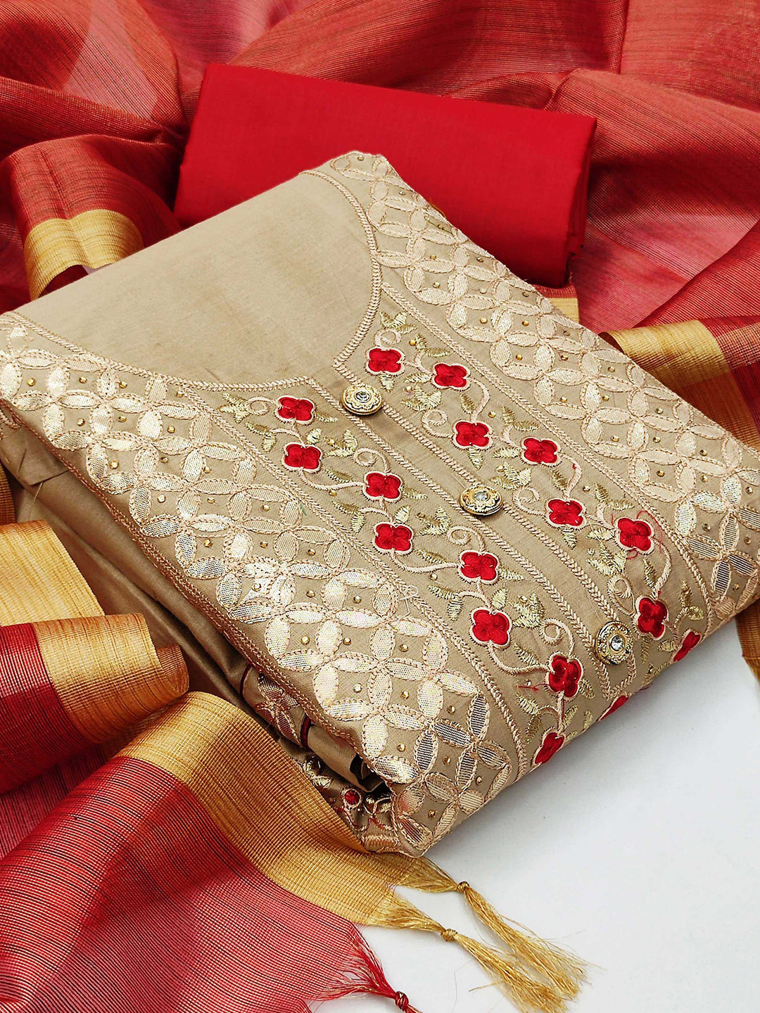 

SHADOW & SAINING Thread Work Detailed Unstitched Dress Material, Beige