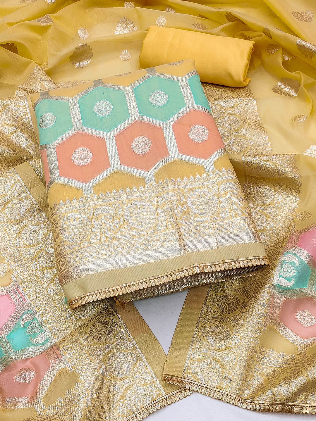 

SHADOW & SAINING Ethnic Motifs Woven Design Banarasi Jacquard Unstitched Dress Material, Yellow