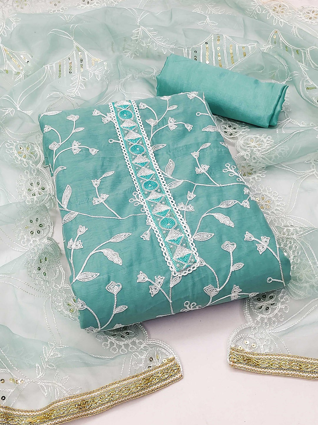 

SHADOW & SAINING Floral Embroidered Unstitched Dress Material, Sea green