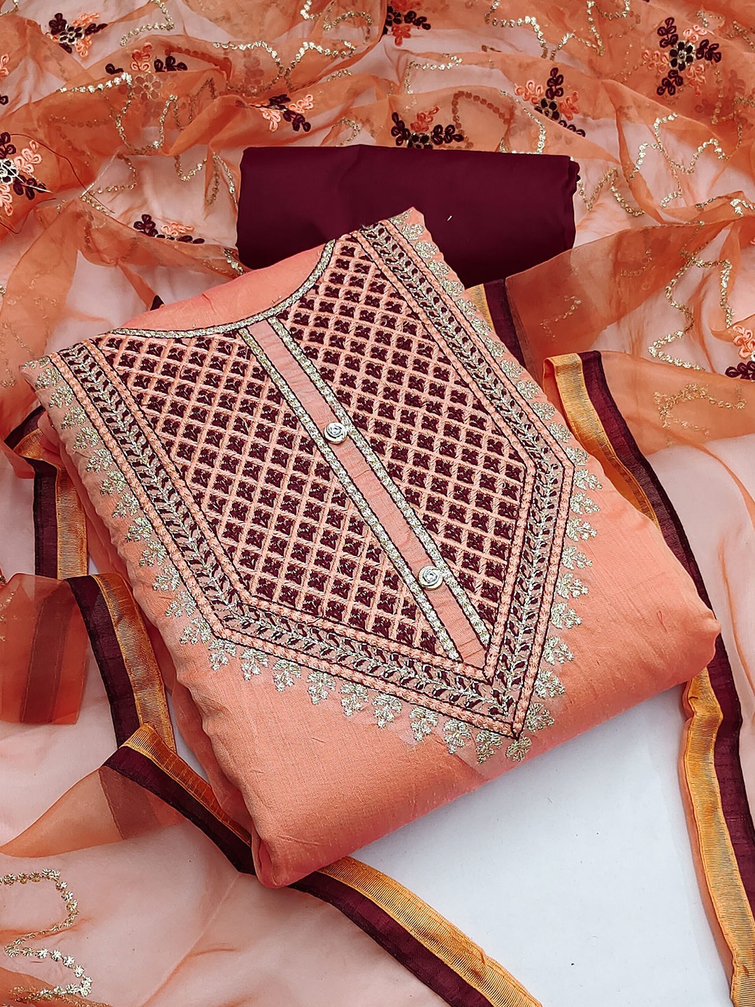 

SHADOW & SAINING Thread Work Unstitched Dress Material, Peach