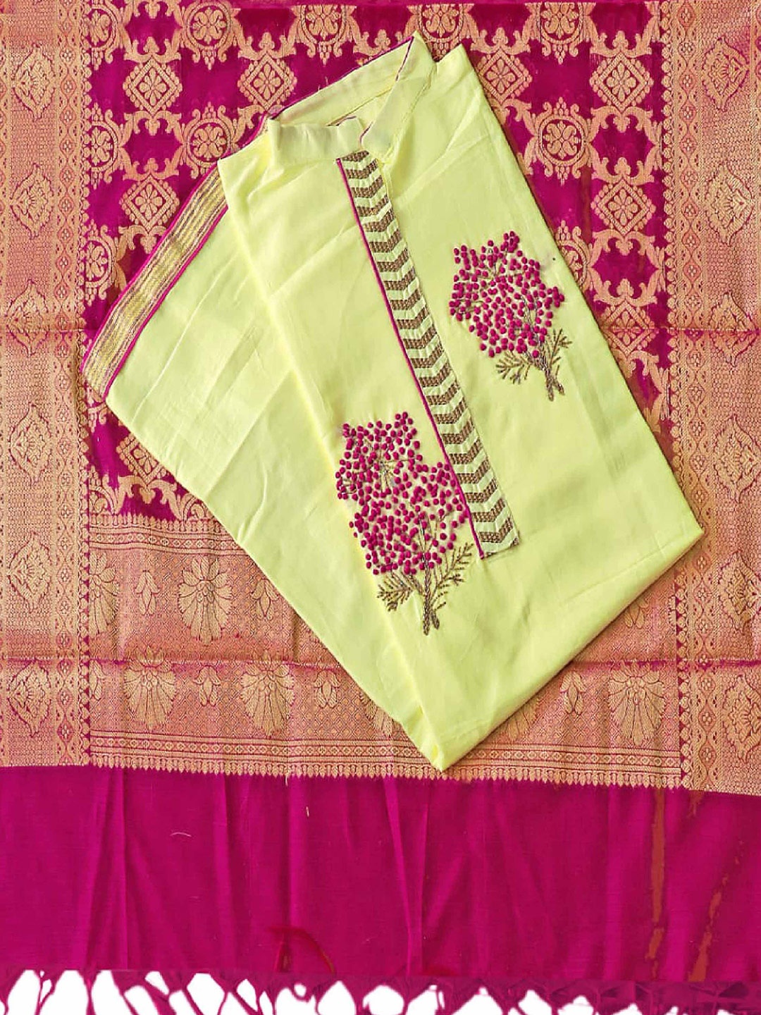 

SHADOW & SAINING Floral Embroidered Zari Unstitched Dress Material, Yellow