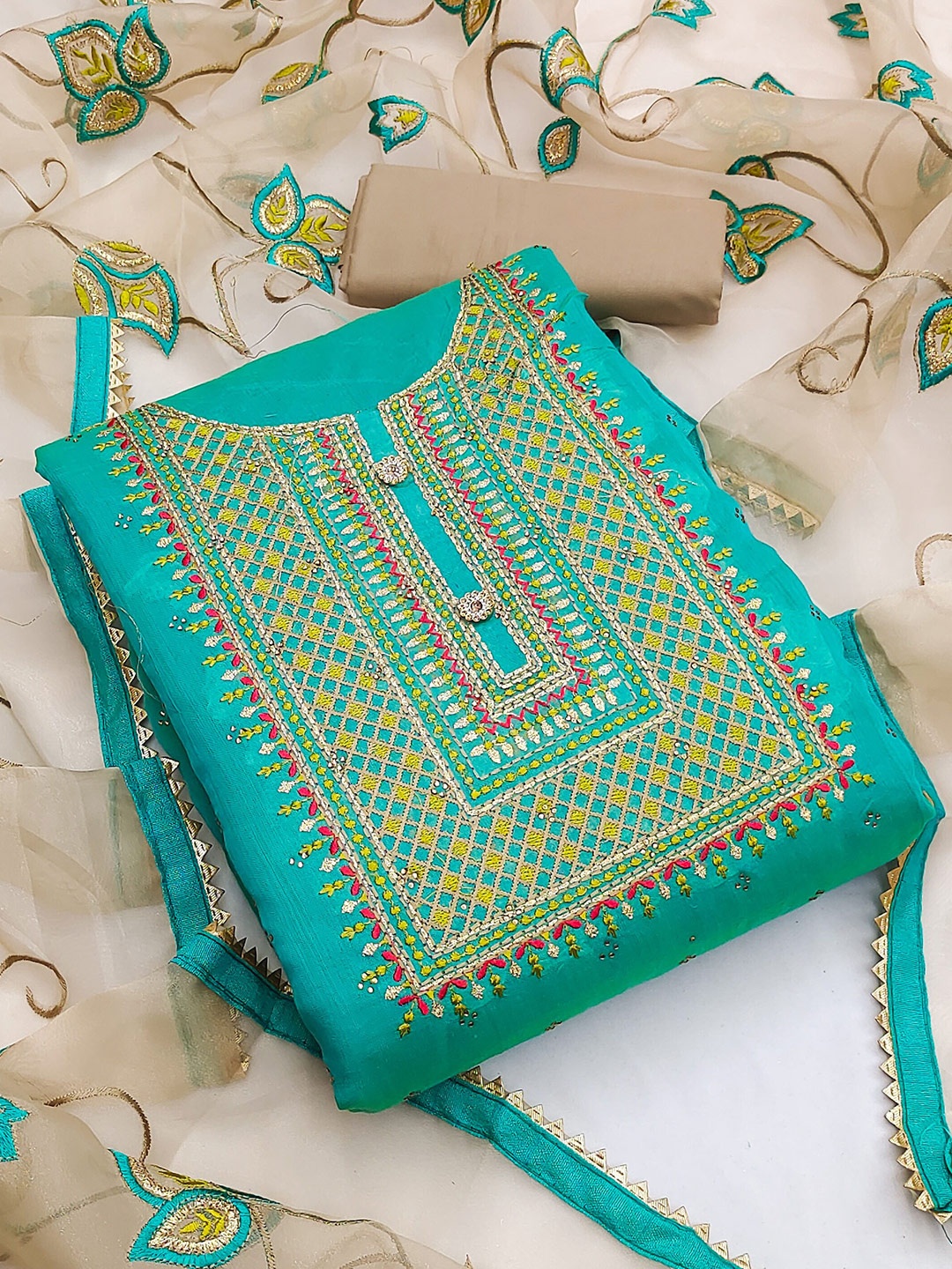 

SHADOW & SAINING Ethnic Motifs Embroidered Zari Unstitched Dress Material, Sea green