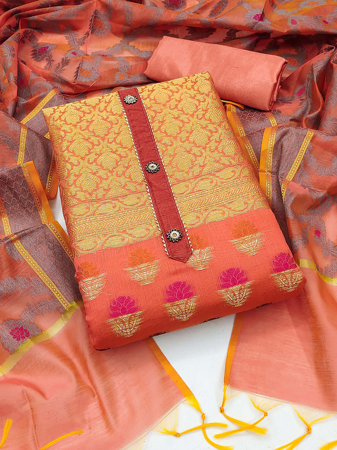 

SHADOW & SAINING Ethnic Motifs Woven Design Gotta Patti Unstitched Dress Material, Peach