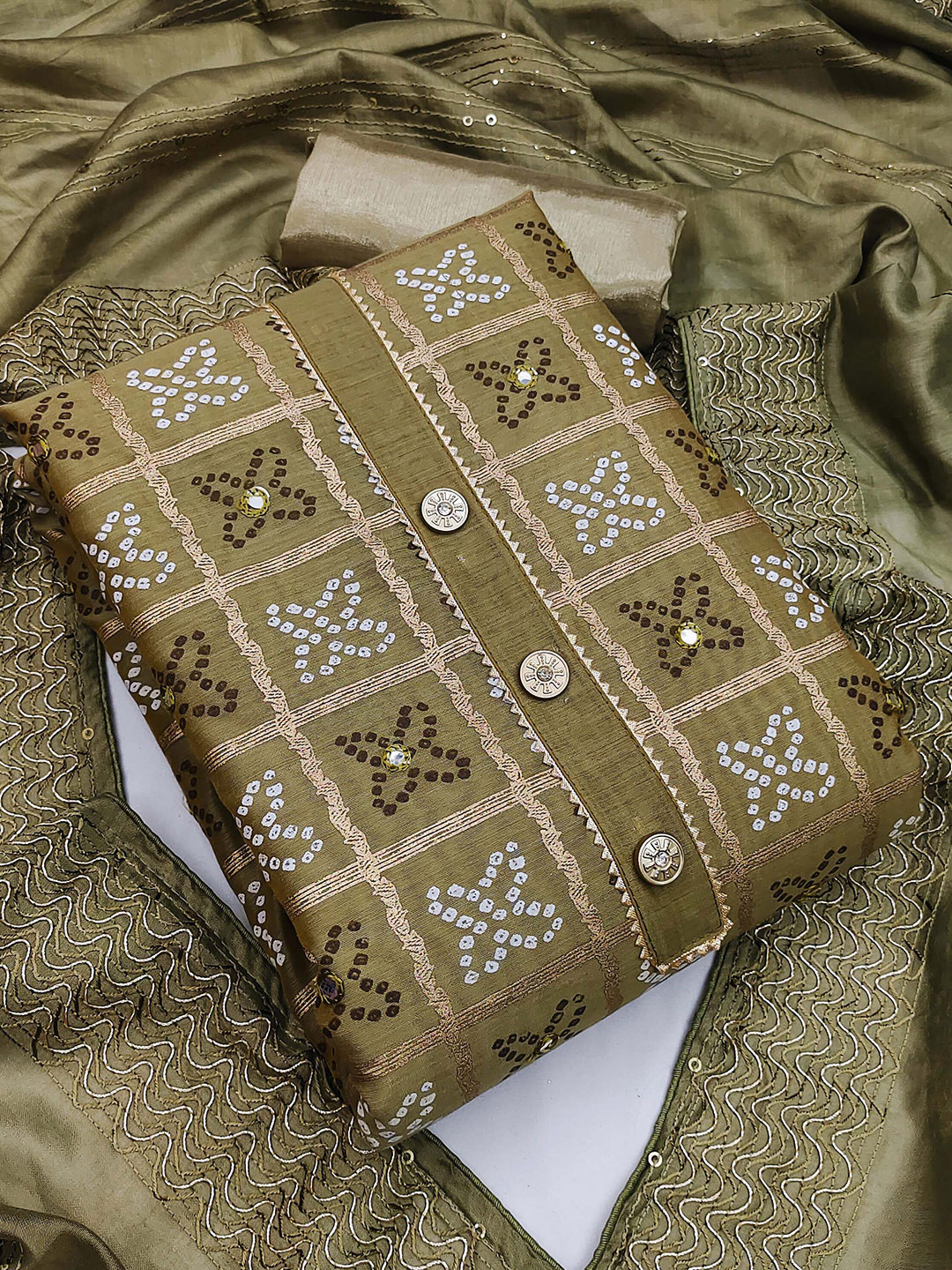 

SHADOW & SAINING Printed Gotta Patti Unstitched Dress Material, Olive