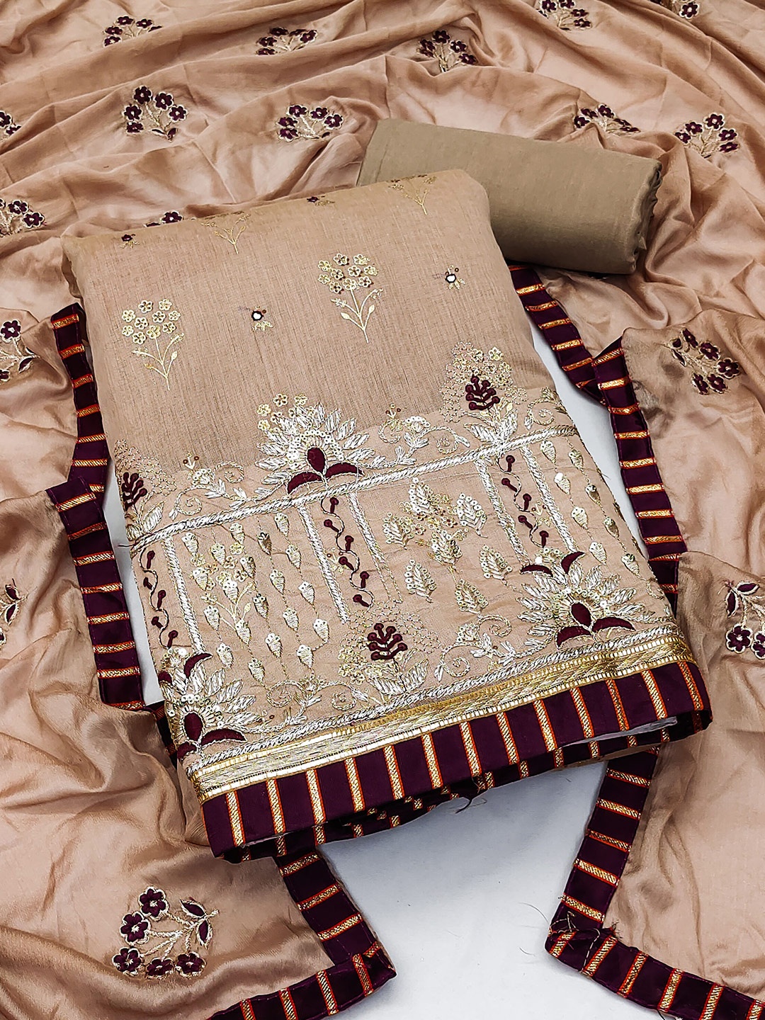 

SHADOW & SAINING Ethnic Motifs Embroidered Mirror Work Unstitched Dress Material, Beige
