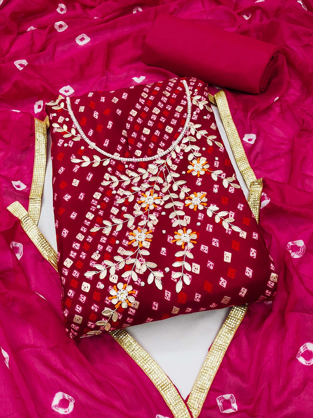 

SHADOW & SAINING Bandhani Printed Embellished Unstitched Dress Material, Pink