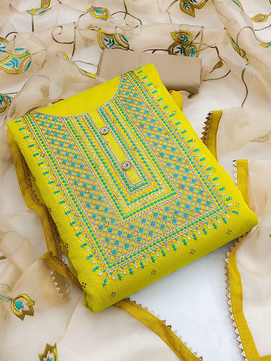 

SHADOW & SAINING Ethnic Motifs Embroidered Gotta Patti Unstitched Dress Material, Lime green