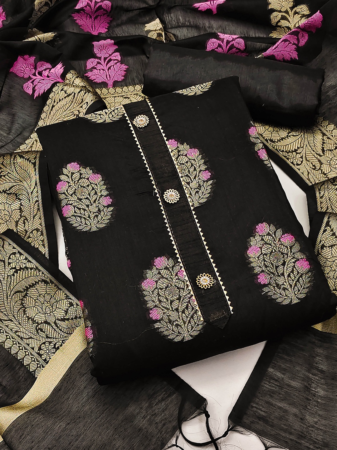 

SHADOW & SAINING Floral Woven Design Zari Unstitched Dress Material, Black