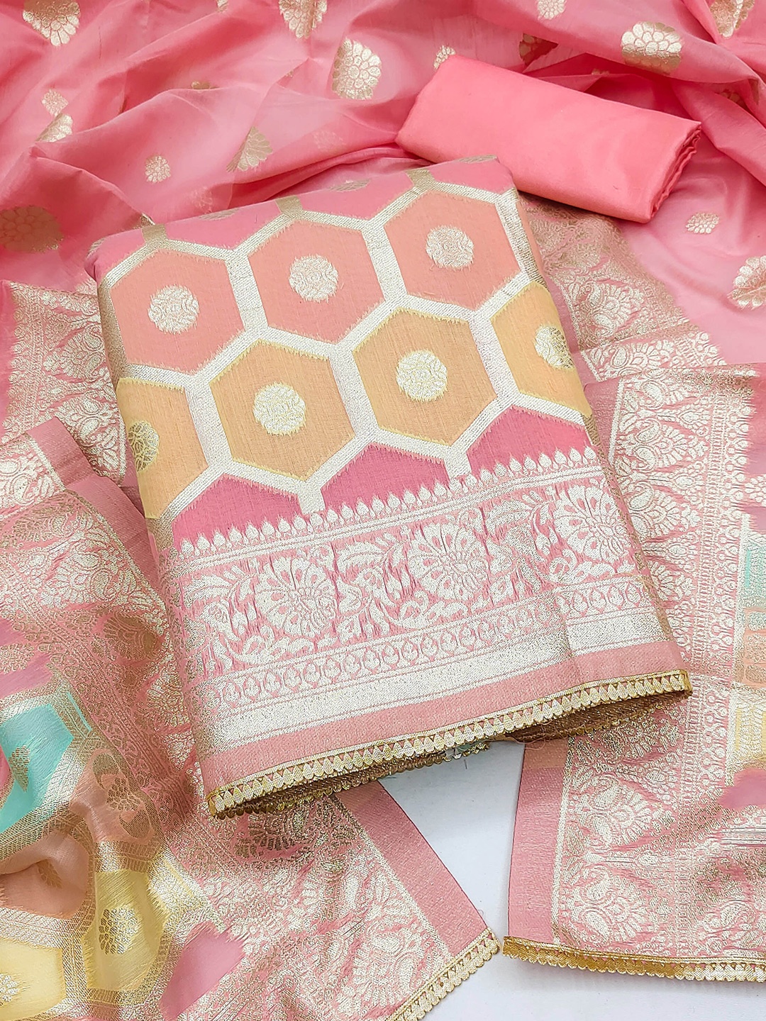 

SHADOW & SAINING Geometric Woven Design Zari Unstitched Dress Material, Pink