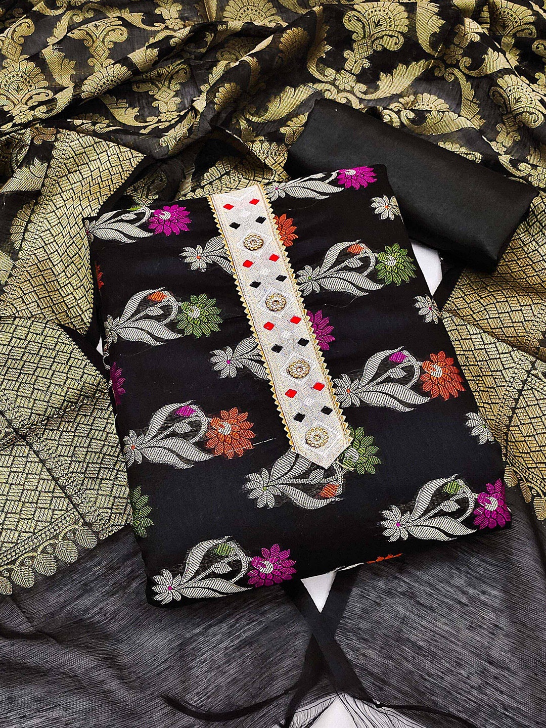 

SHADOW & SAINING Floral Woven Design Gotta Patti Unstitched Dress Material, Black